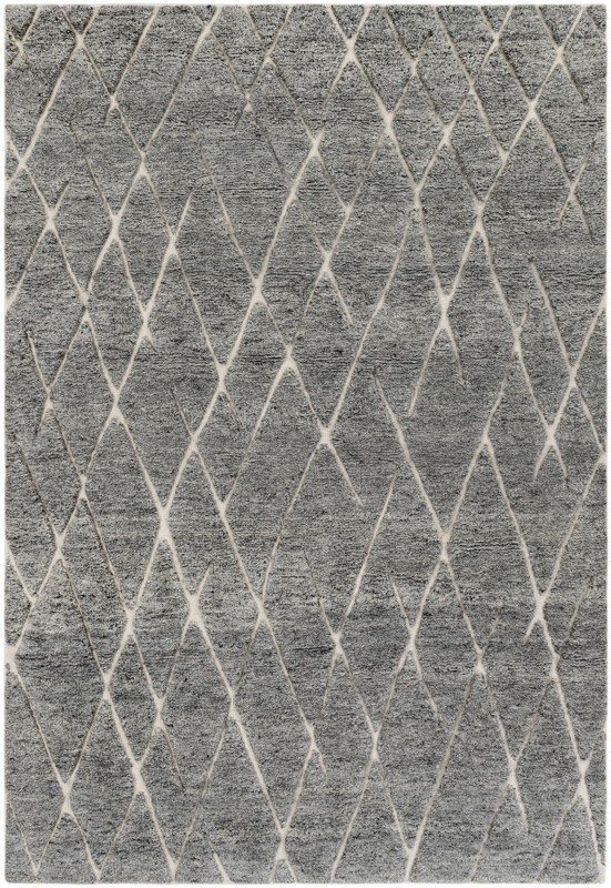 6' 1 x 9' Geary · Diamond trellis Wool Shag Rug, gray and ivory