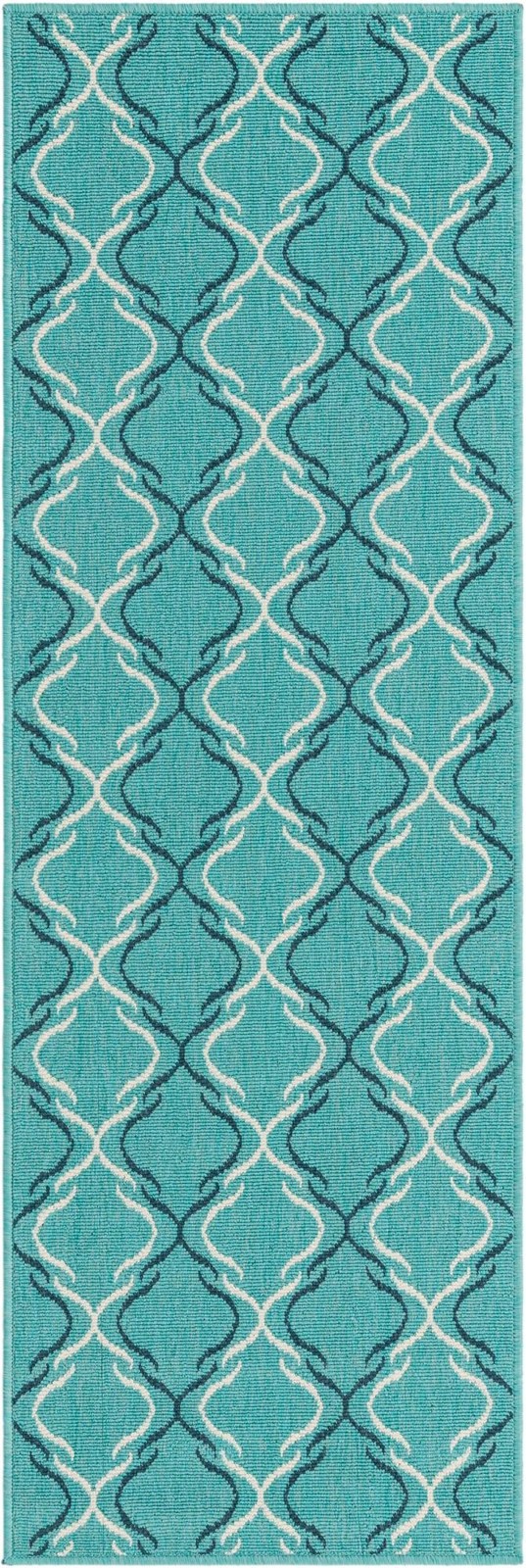 2' x 6' Comstock · Geometric lattice Outdoor Rug, teal and ivory