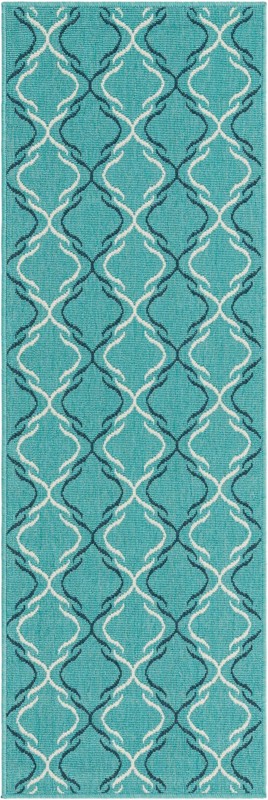 Comstock · Geometric lattice Outdoor Rug, teal and ivory