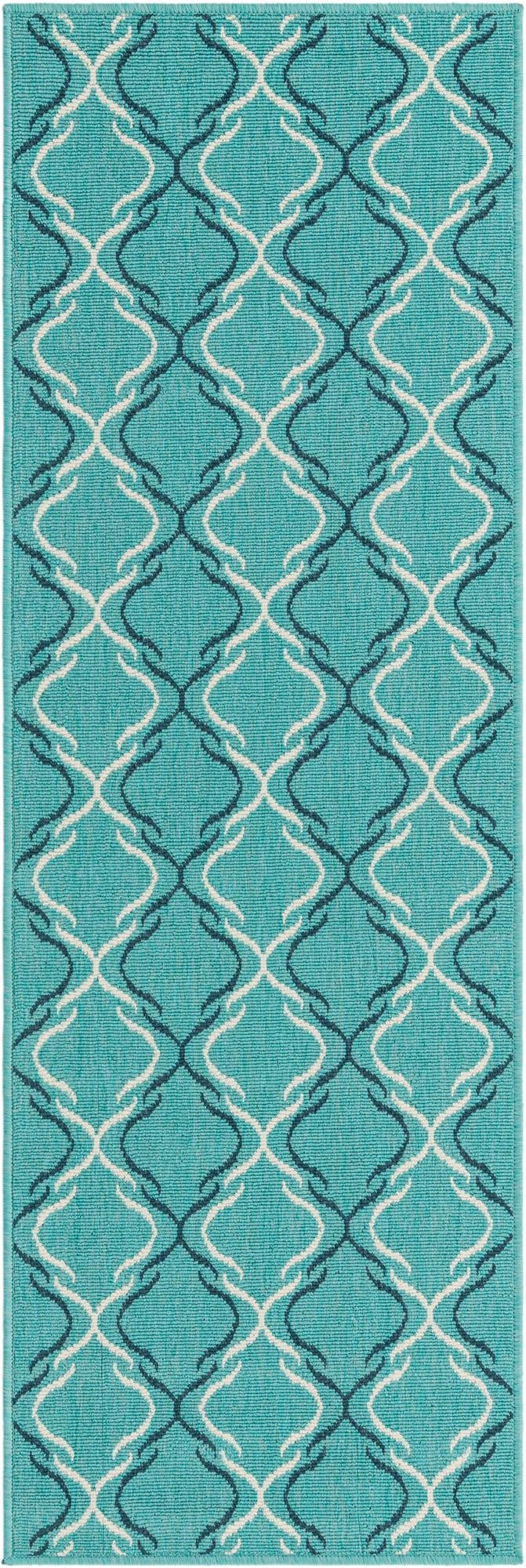 2' x 6' Comstock · Geometric lattice Outdoor Rug, teal and ivory