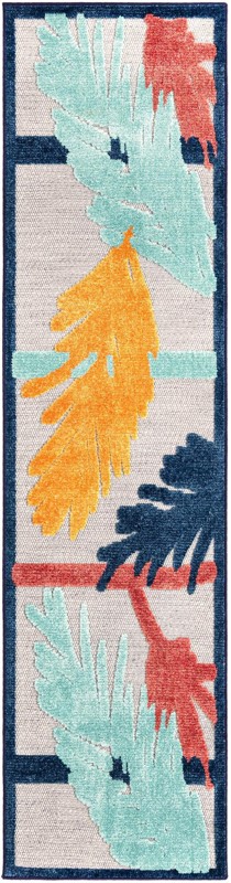 2' x 8' Elm · Tropical leaf Outdoor Rug, blue and orange