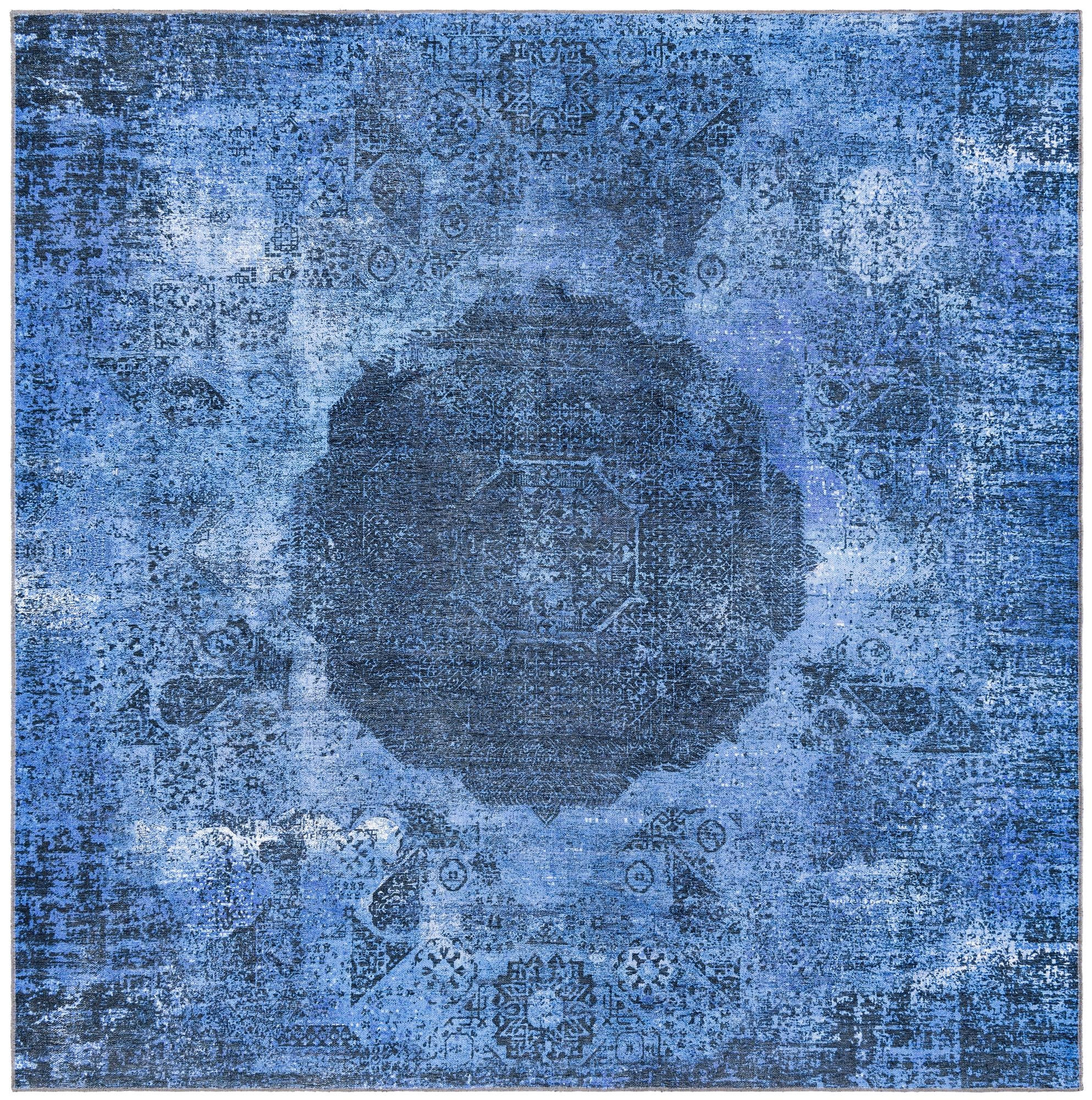 7' 10 x 7' 10 Fallowfield · Distressed medallion Washable Rug, blue and black