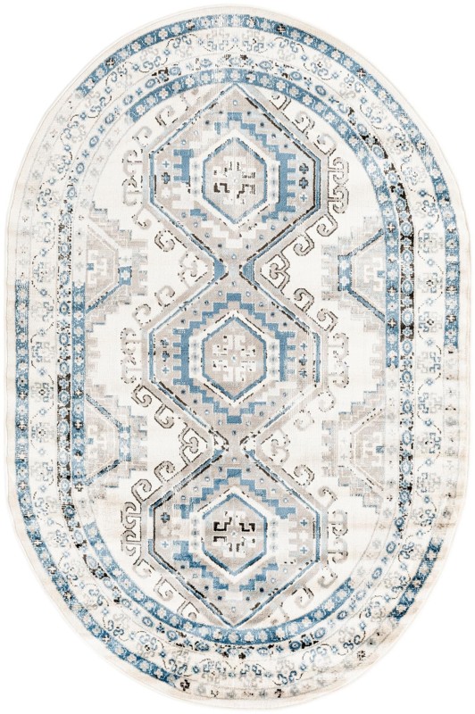 5' 3 x 8' Harmon · Geometric medallion rug, aqua and ivory