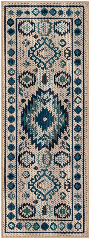 Whitfield · Geometric tribal Outdoor Rug, beige and blue