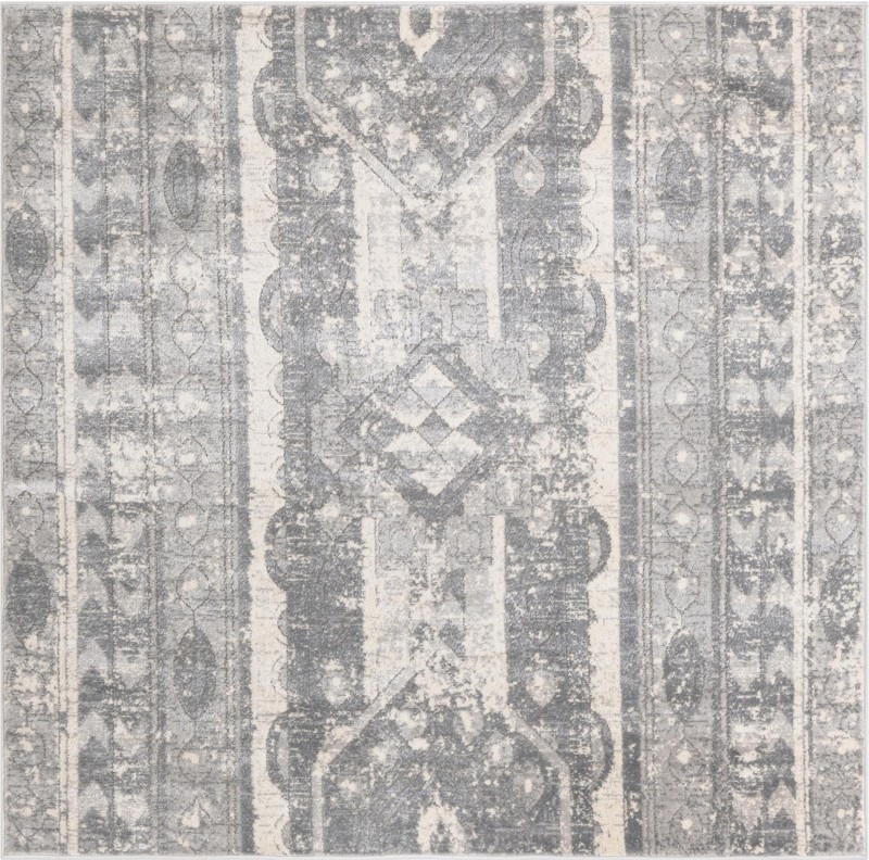 6' x 6' Grouse · Geometric tribal rug, gray and ivory