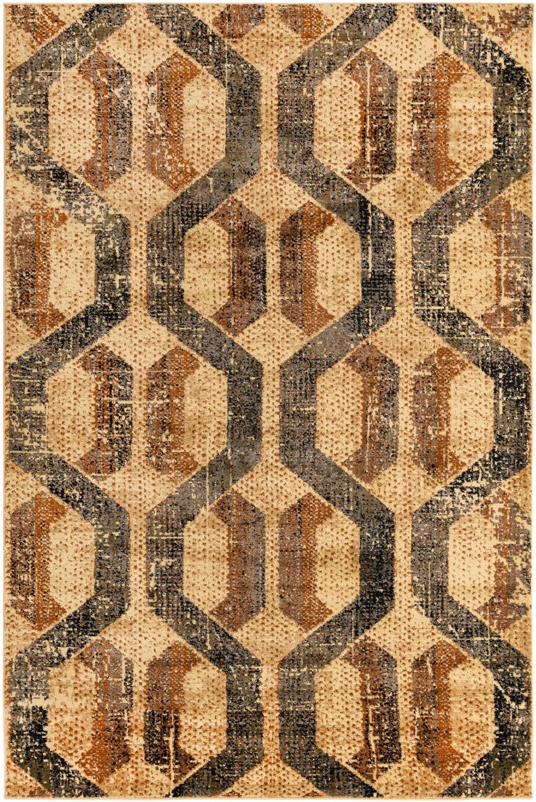 6' x 9' Acadia · Geometric lattice rug, beige and brown