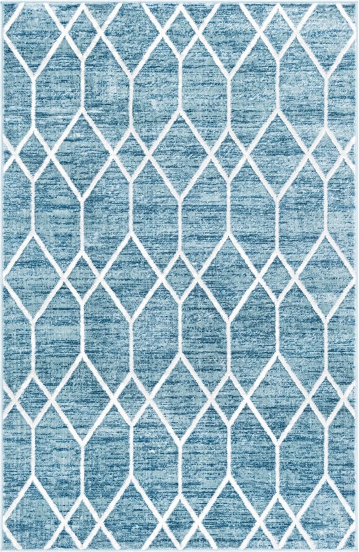 5' x 8' Thatcher · Geometric trellis rug, blue and ivory