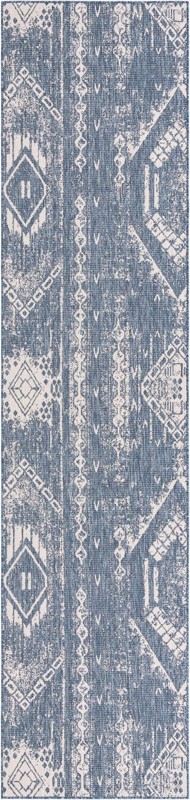3' 3 x 14' Wildman · Tribal geometric Outdoor Rug, blue and ivory