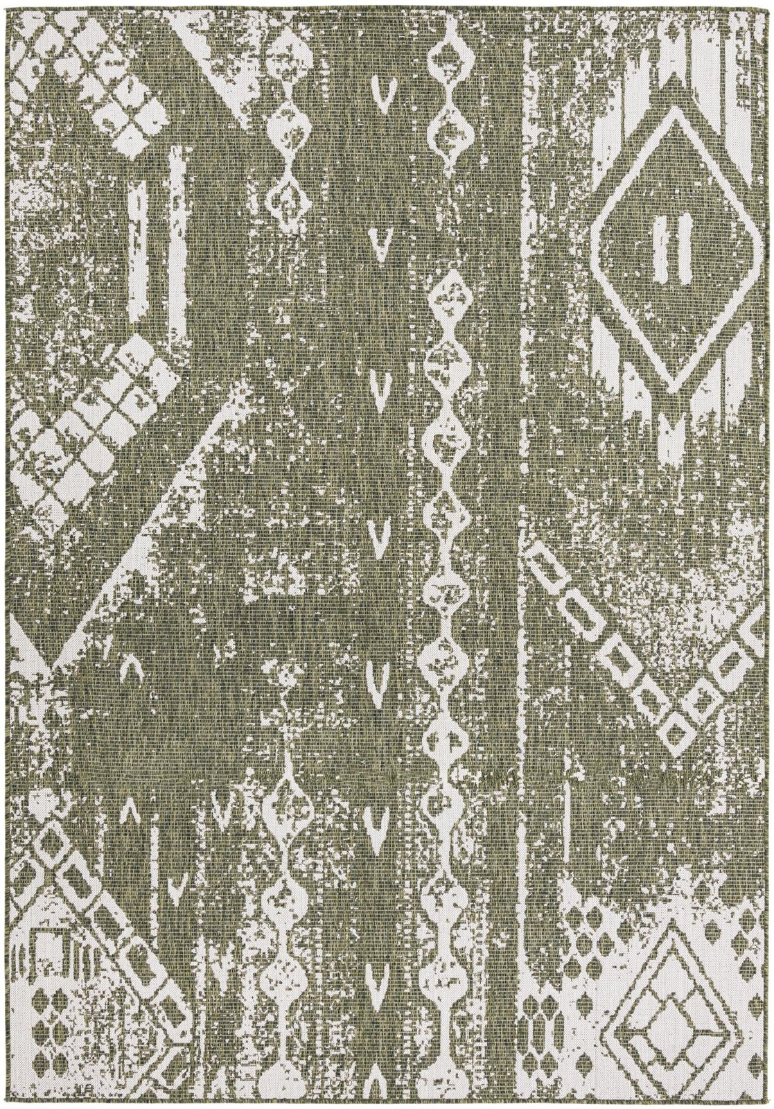 7' x 10' Wildman · Geometric Outdoor Rug, green and ivory