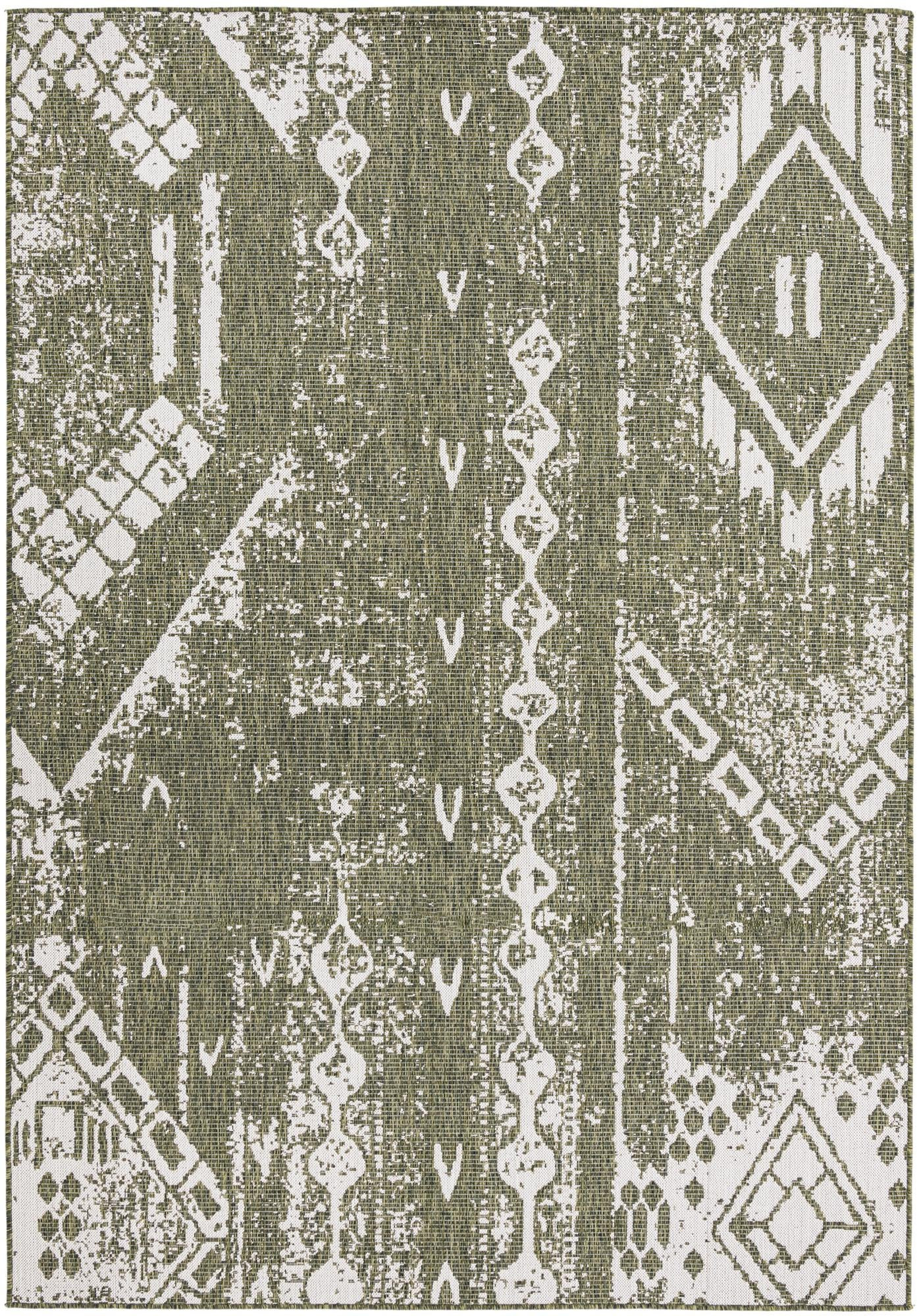 7' x 10' Wildman · Geometric Outdoor Rug, green and ivory