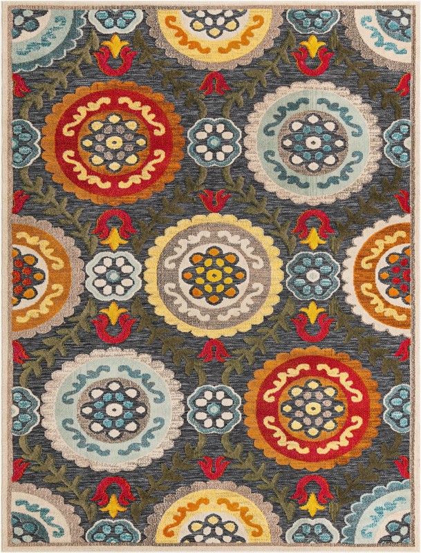 7' 10 x 10' Quincy · Floral medallion Outdoor Rug, charcoal and brights
