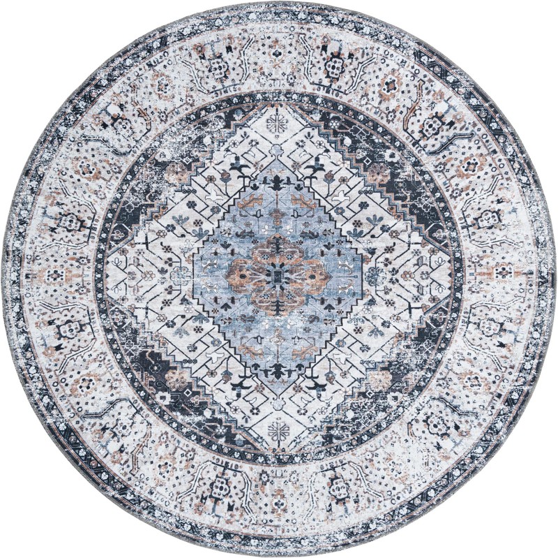 7' 1 x 7' 1 Trillium · Medallion rug, charcoal and light blue