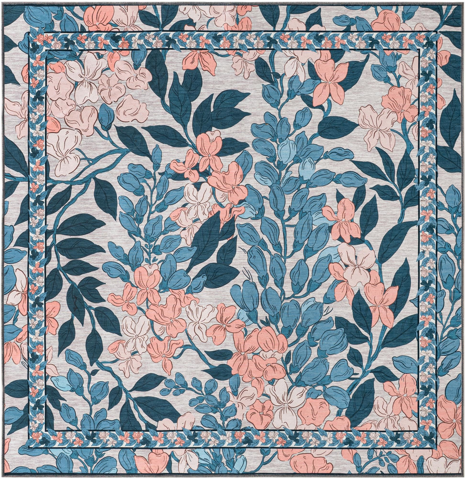 7' 10 x 7' 10 Hanson · Floral rug, blue and peach