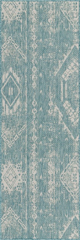 2' 7 x 8' Wildman · Tribal geometric Outdoor Rug, aqua and ivory
