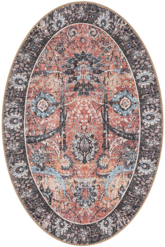 Starr · Vintage floral Washable Rug, rust and black