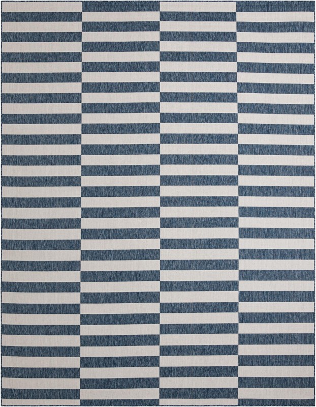 10' x 13' Ainsley · Striped geometric Outdoor Rug, blue and ivory