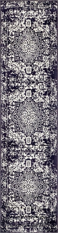 2' x 8' Birch · Distressed medallion rug, navy and ivory