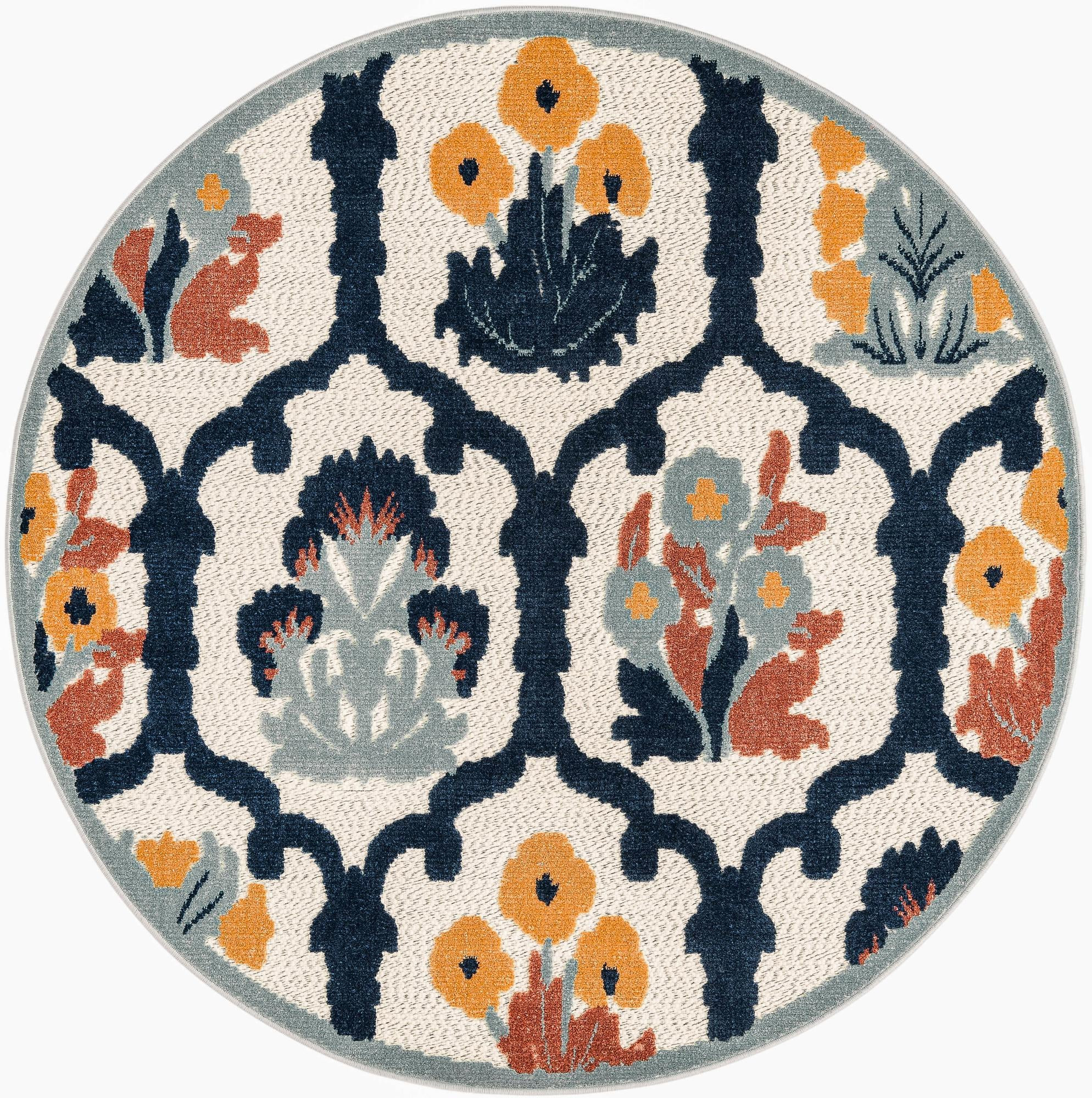 5' 3 x 5' 3 Bandera · Floral lattice Outdoor Rug, ivory and navy
