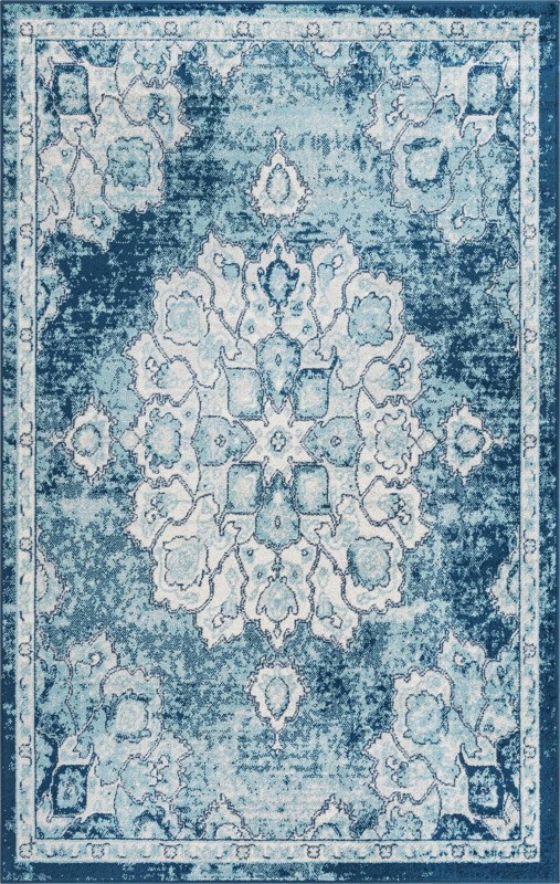 5' x 8' Nettle · Distressed medallion rug, blue and ivory