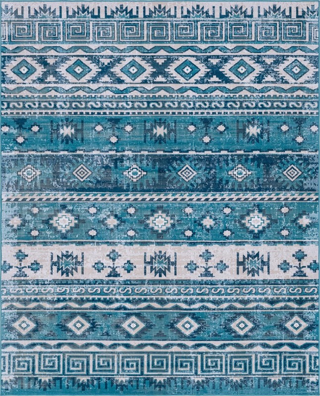 7' 10 x 10' Lloyd · Tribal striped rug, blue and ivory