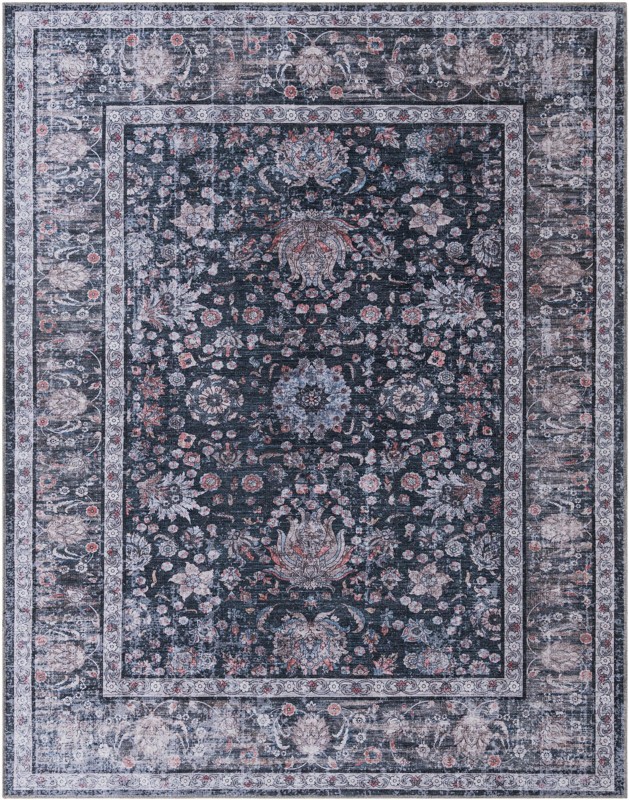 7' 10 x 10' Bertie · Distressed floral rug, ink and ivory