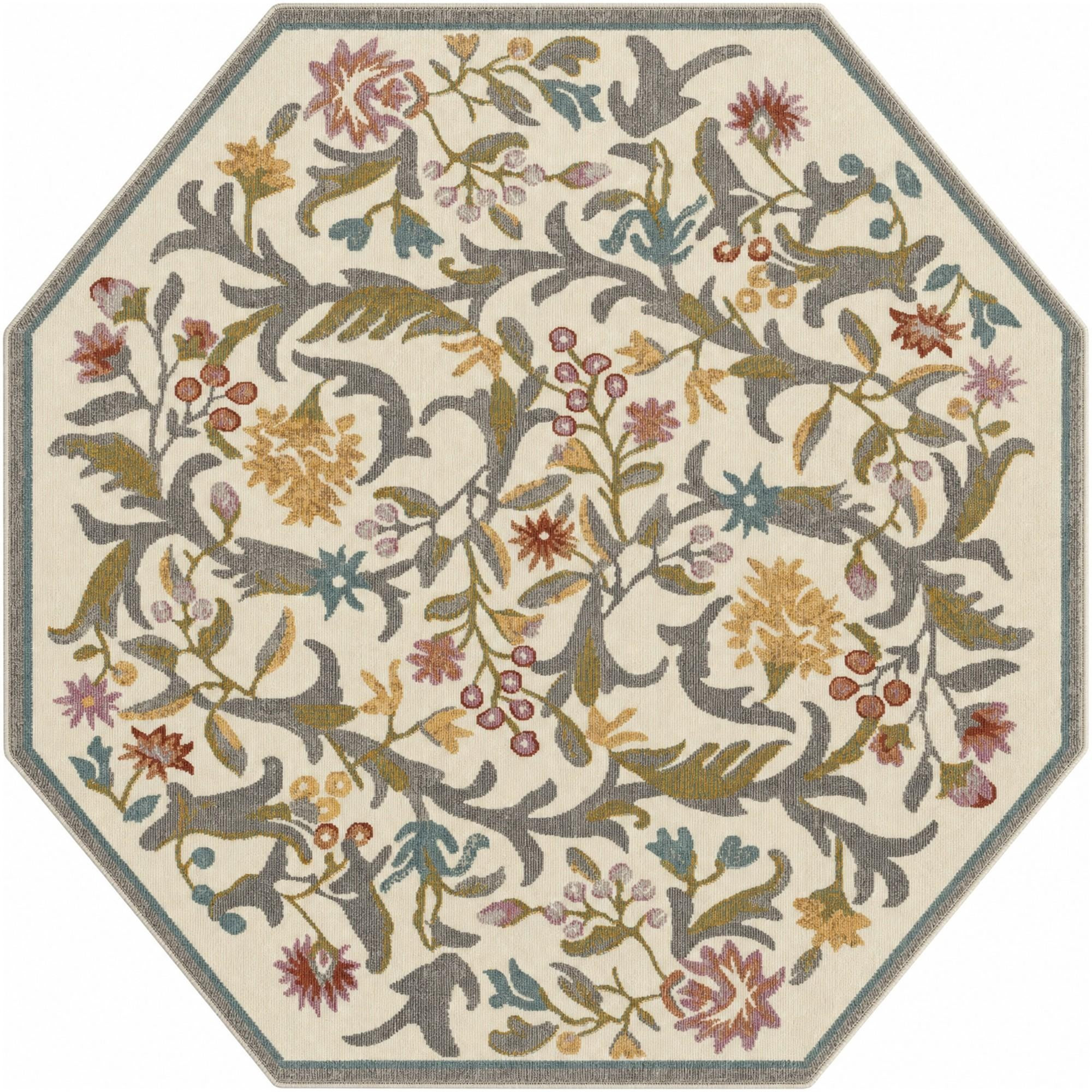 5' x 5' Draper · Floral rug, ivory and multi