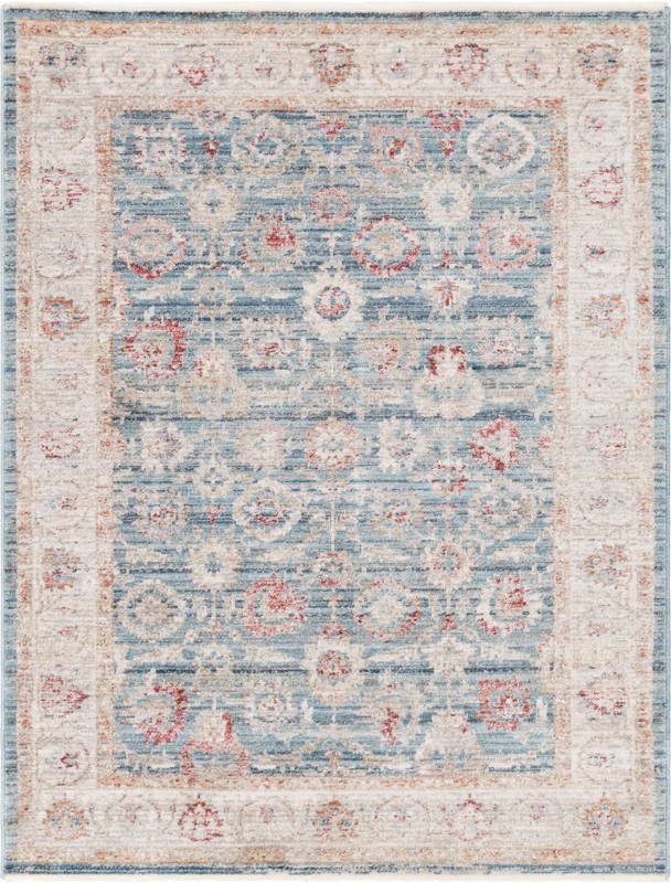 4' x 5' 7 Pettit · Distressed floral rug, blue and beige