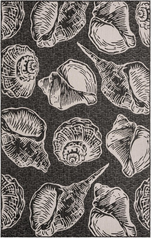 5' 3 x 8' Arcata · Seashell Outdoor Rug, black and white