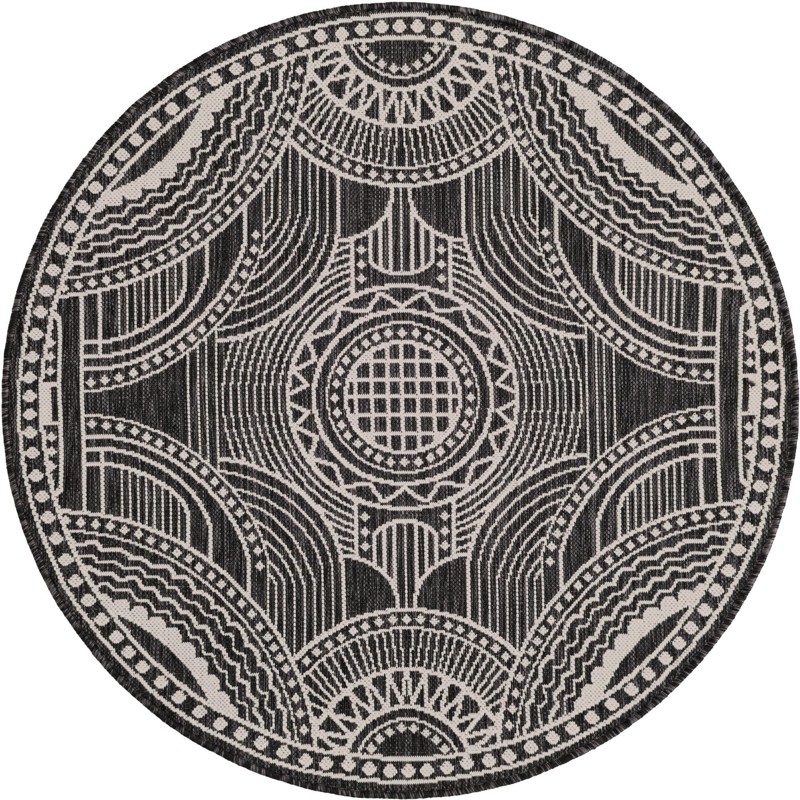 4' 1 x 4' 1 Brough · Medallion Outdoor Rug, black and white