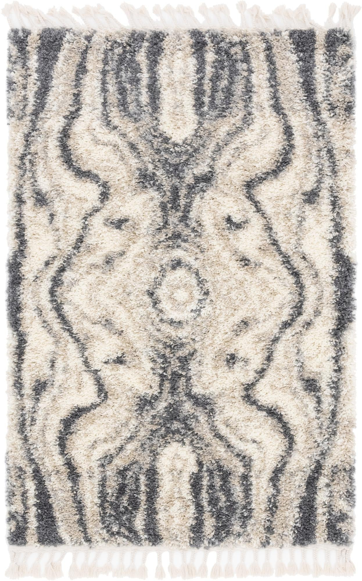 4' x 6' Helena · Abstract Shag Rug, ivory and gray