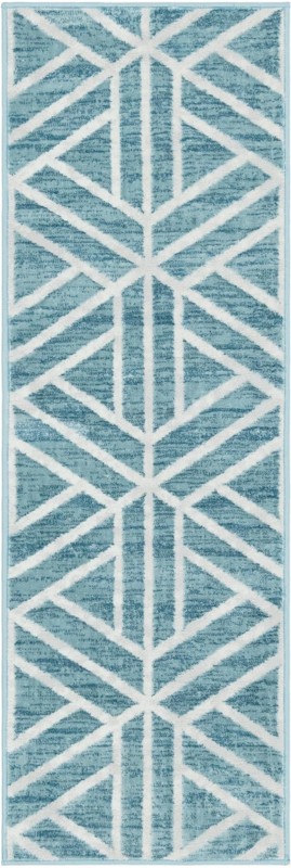 2' x 6' Norwood · Geometric trellis rug, blue and ivory