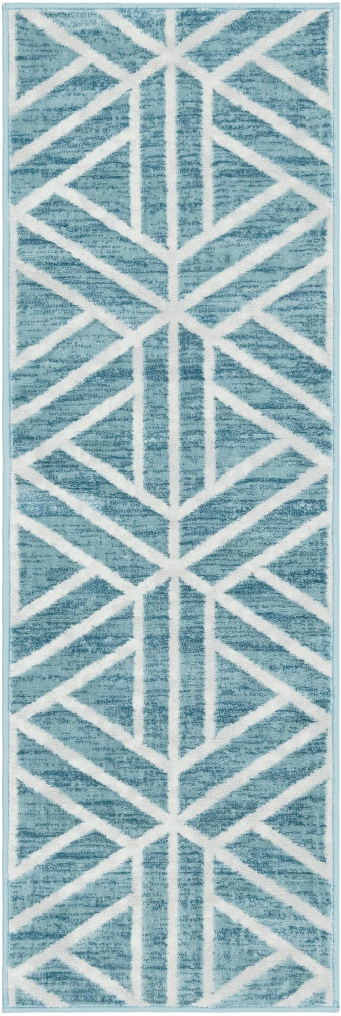 2' x 6' Norwood · Geometric trellis rug, blue and ivory