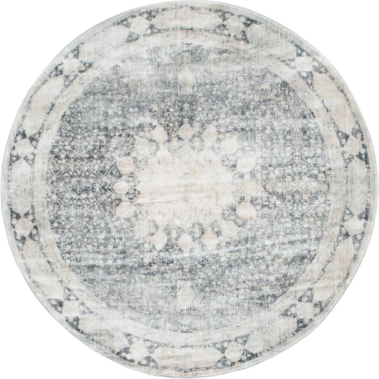 8' x 8' Derwent · Distressed medallion rug, gray and ivory