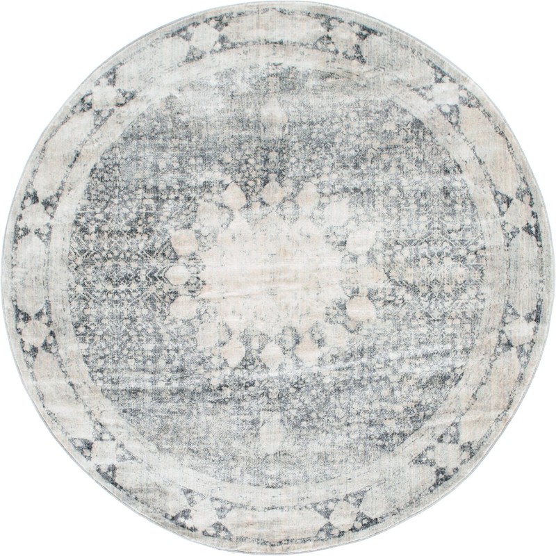 8' x 8' Derwent · Distressed medallion rug, gray and ivory