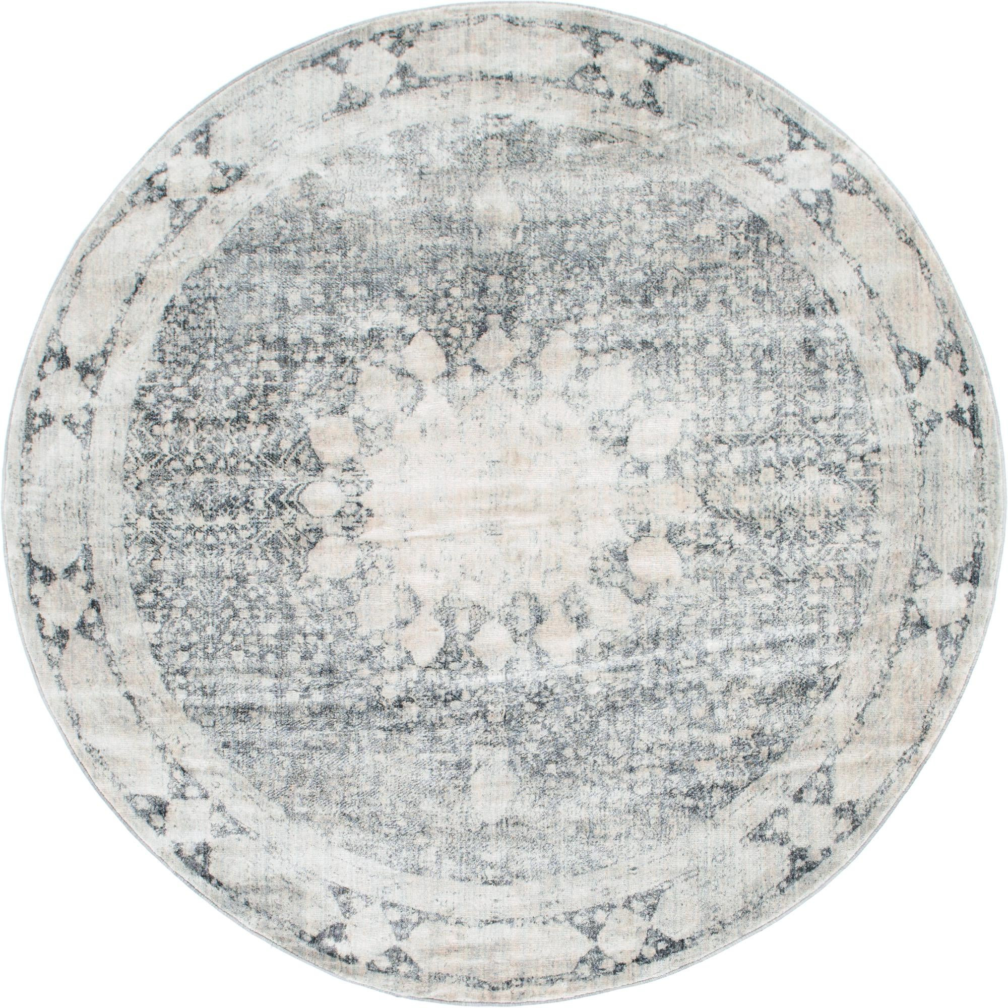 8' x 8' Derwent · Distressed medallion rug, gray and ivory