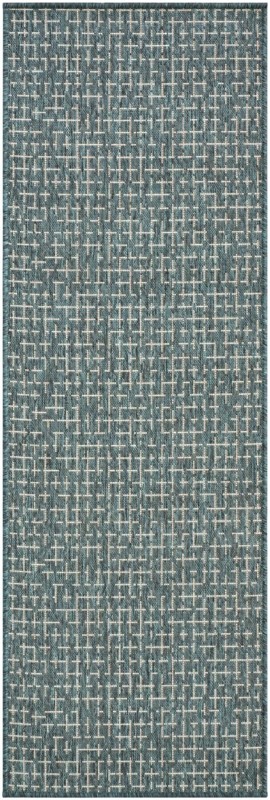 2' x 6' Loam · Grid Outdoor Rug, teal and cream