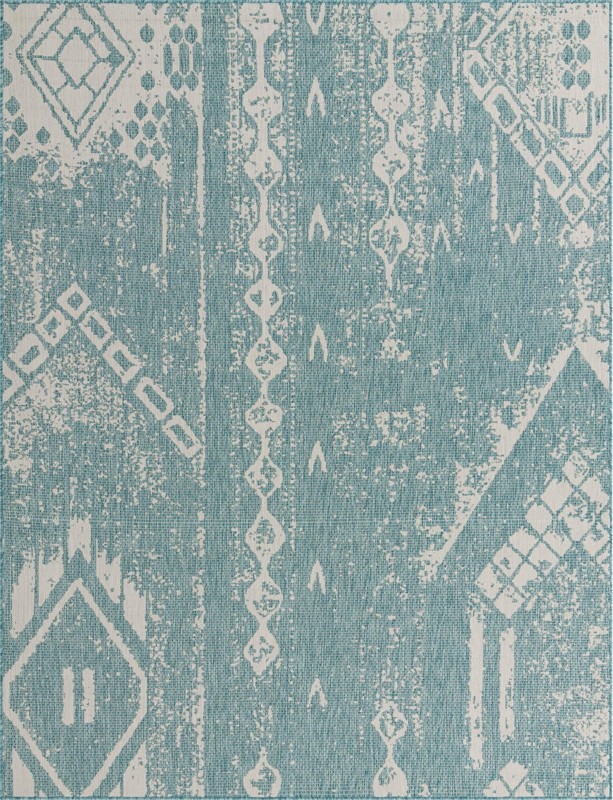 7' 10 x 10' Wildman · Tribal geometric Outdoor Rug, aqua and ivory