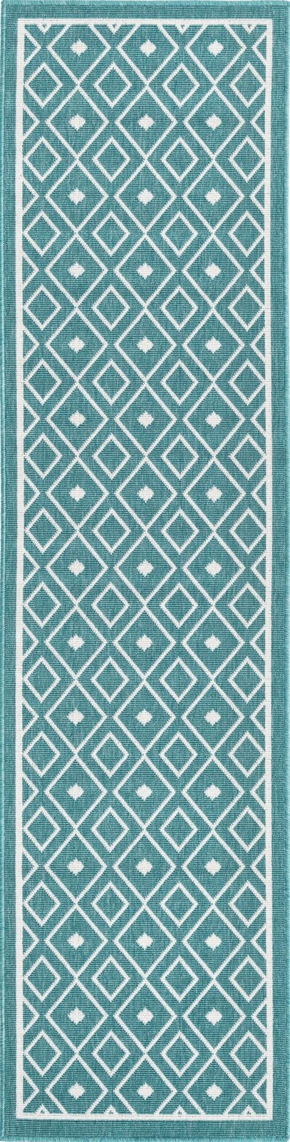2' x 8' Revell · Geometric Outdoor Rug, teal and ivory