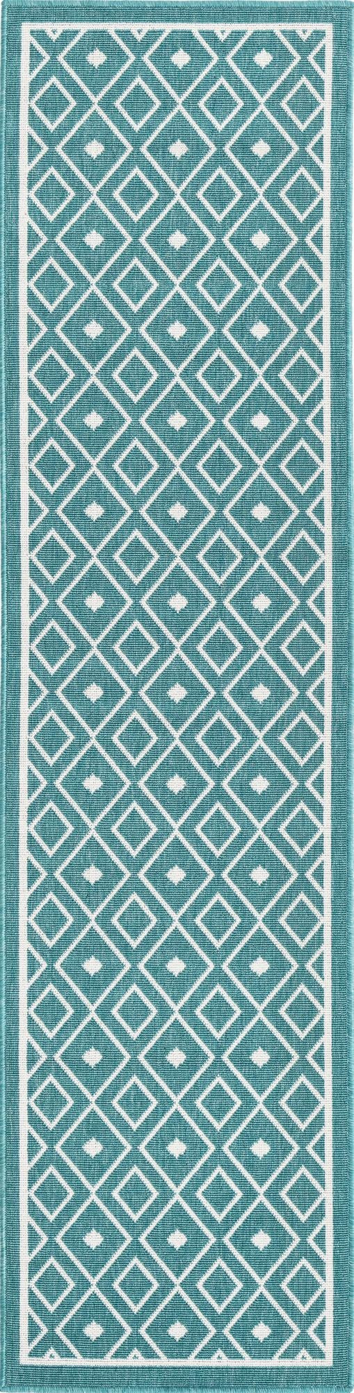 2' x 8' Revell · Geometric Outdoor Rug, teal and ivory