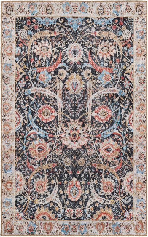 3' 6 x 5' 6 Starr · Floral Washable Rug, black and red