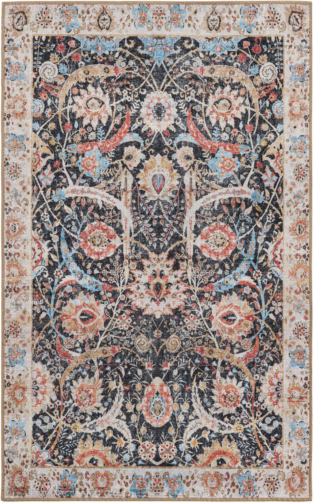 3' 6 x 5' 6 Starr · Floral Washable Rug, black and red