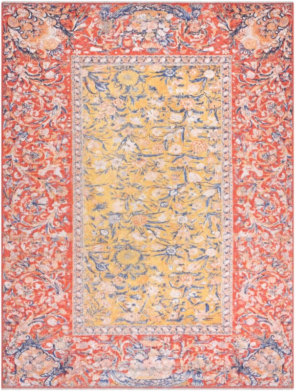 9' x 12' Greystone · Border rug, saffron yellow and crimson red
