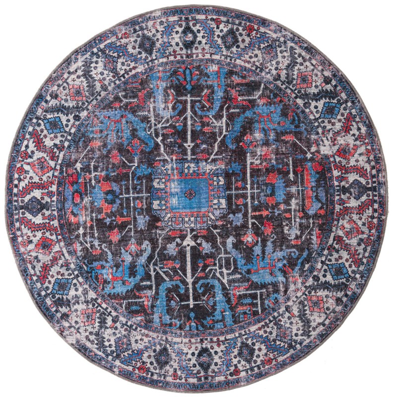 7' 3 x 7' 3 Redfern · Distressed medallion Washable Rug, black and blue