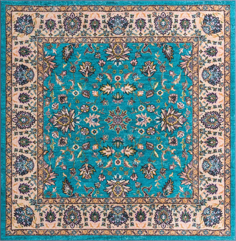 7' 10 x 7' 10 Bluebell · Persian floral rug, aqua and beige