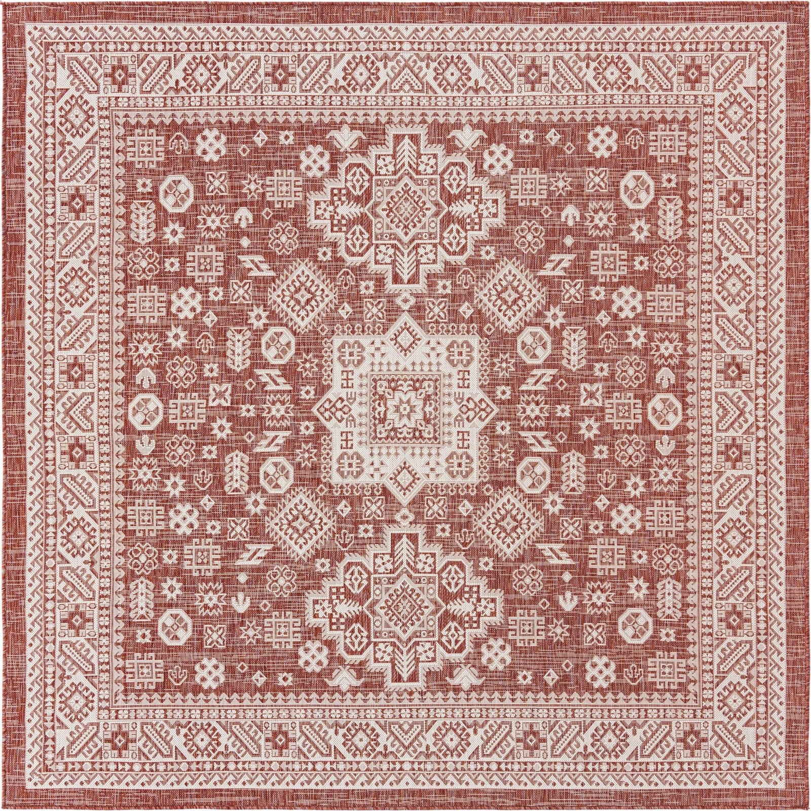 7' 10 x 7' 10 Bellamy · Tribal medallion Outdoor Rug, rust and ivory