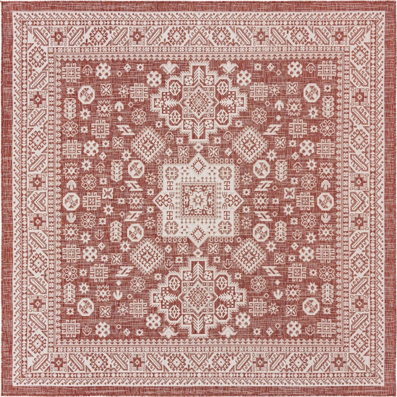 7' 10 x 7' 10 Bellamy · Tribal medallion Outdoor Rug, rust and ivory