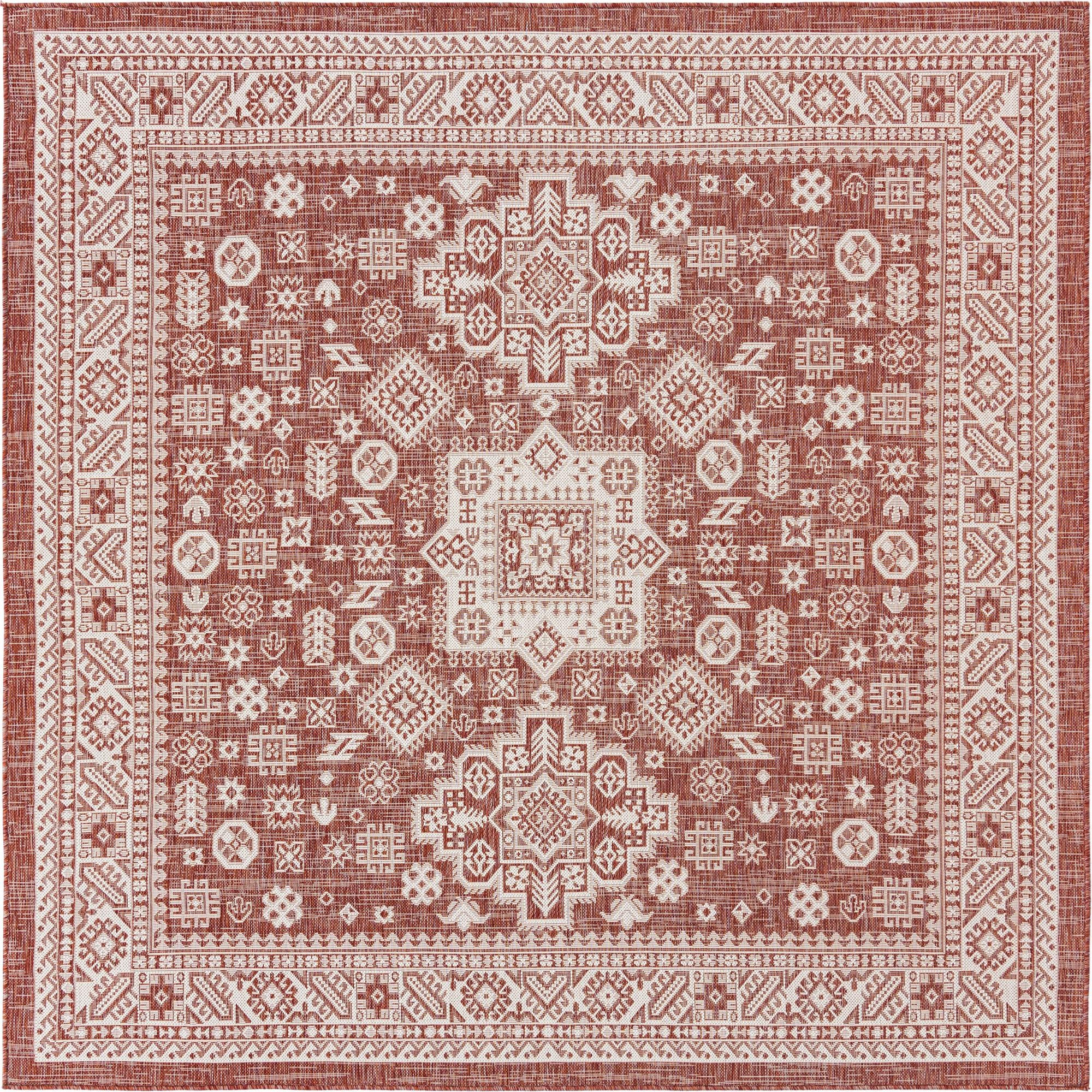 7' 10 x 7' 10 Bellamy · Tribal medallion Outdoor Rug, rust and ivory