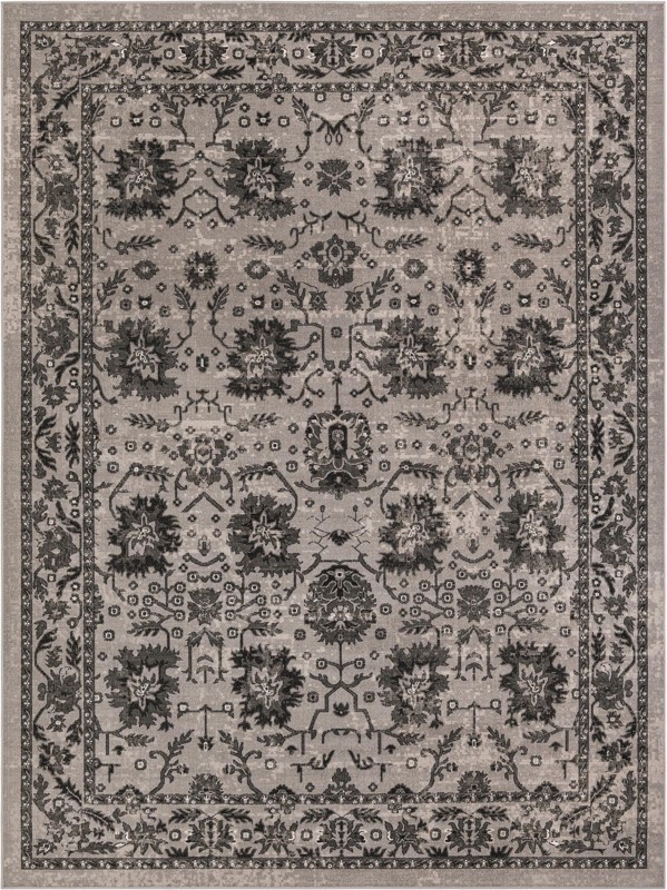9' x 12' Channing · Distressed floral rug, gray and black