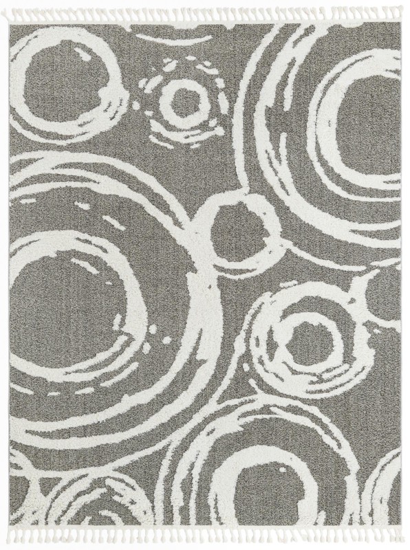 7' 10 x 10' Beech · Abstract circles rug, gray and ivory