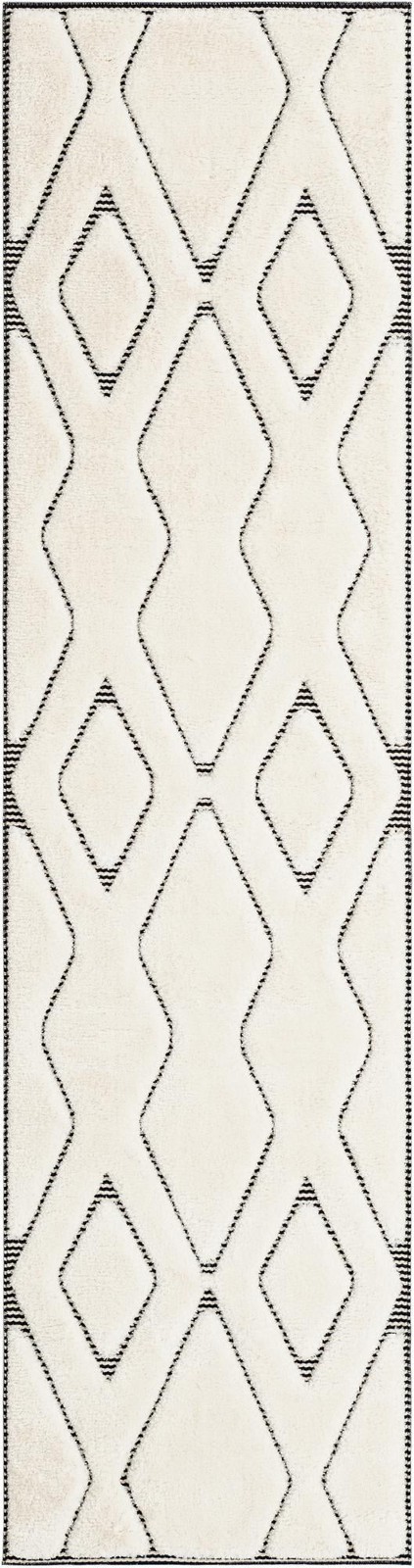 2' 7 x 10' Armstead · Geometric trellis rug, ivory and black